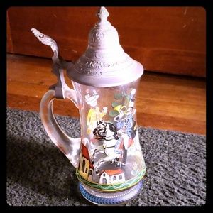 Vintage German Glass Stein Painted w/ Pewter Top